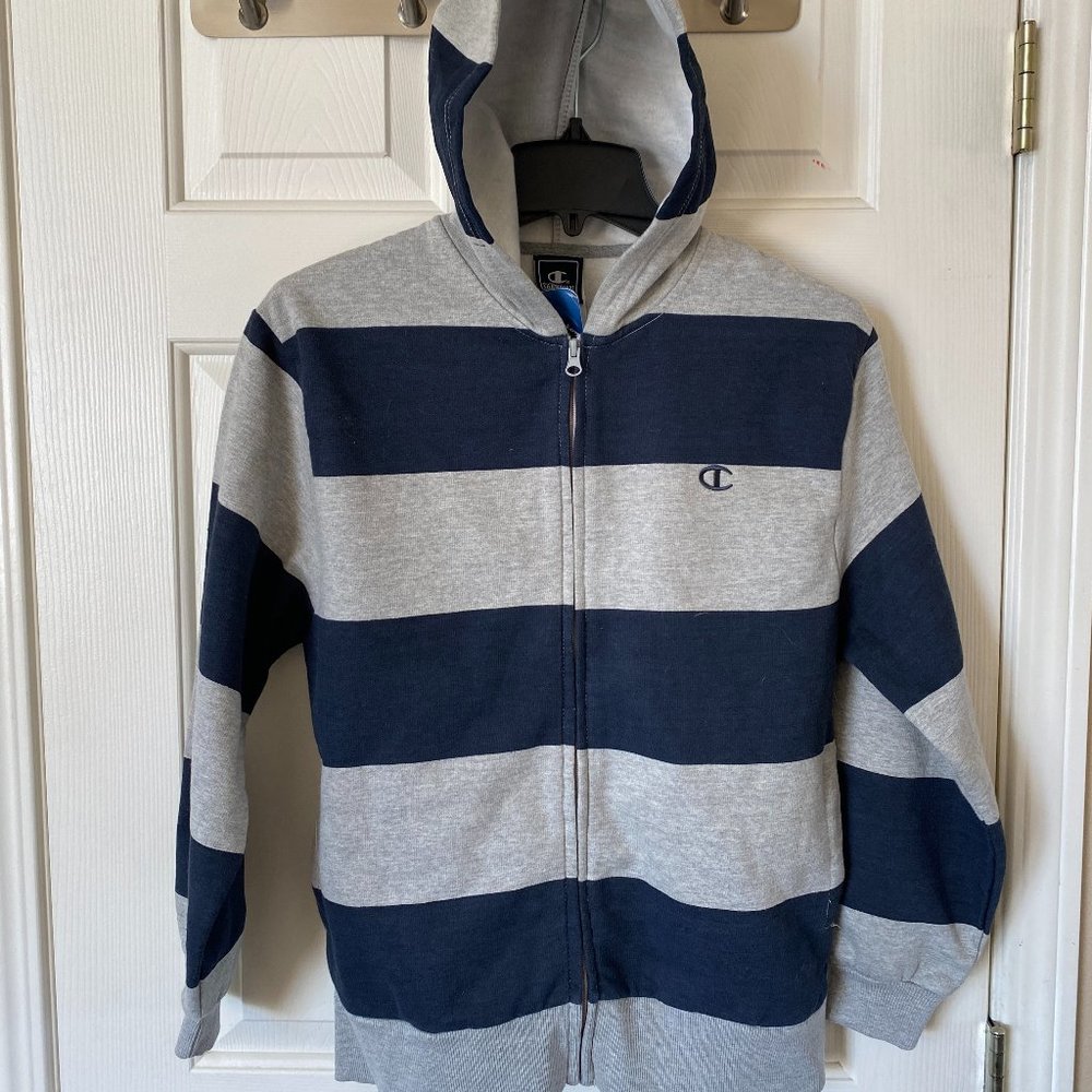 Champion Logo Youth Fleece Striped Full Zip Hoodie Sweatshirt Navy Gray XL